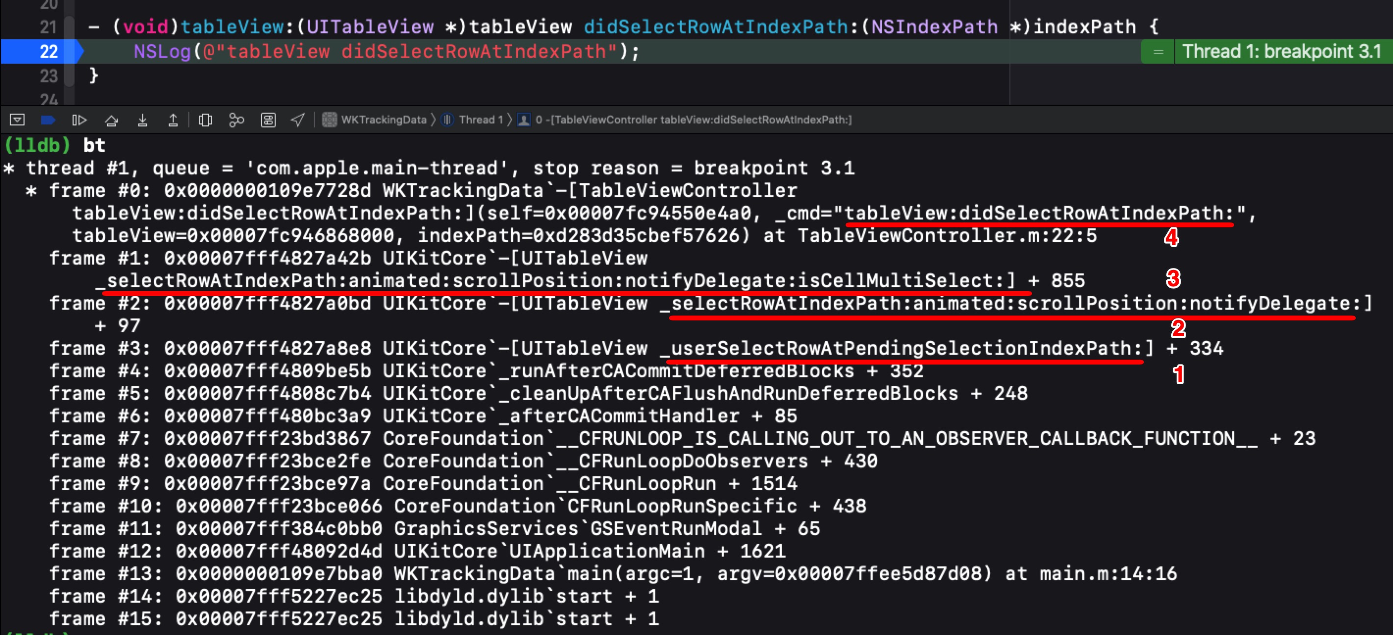 Original debugger call stack for a table-view row selection