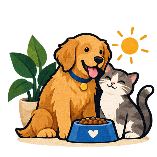 A dog and cat together beside a food bowl and houseplant